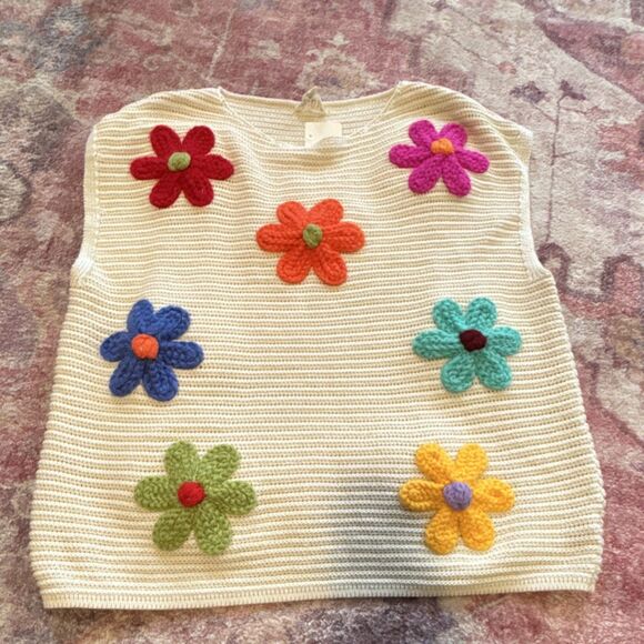 BiBi Tops - BIBI Women's White Cotton Knit Crochet Floral Sleeveless Round Neck Tank Top XL